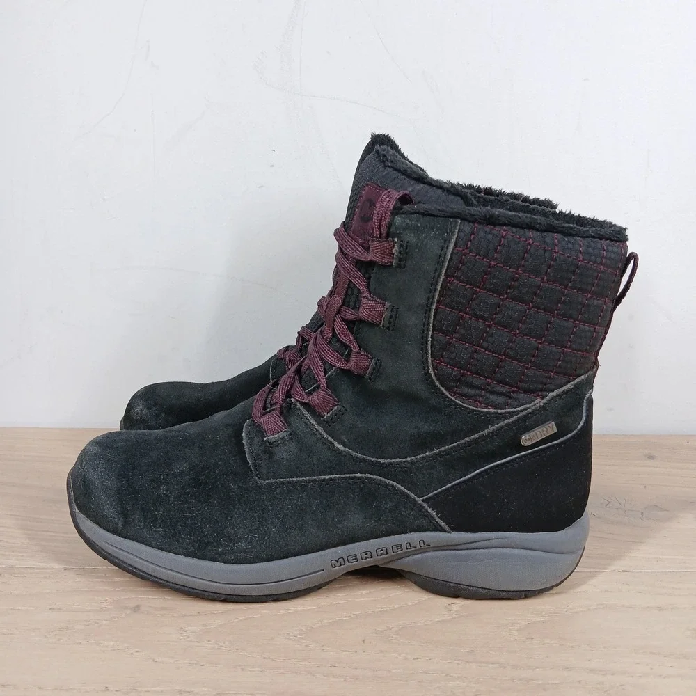 Merrell Blackcherry Boots Womens 8.5 Insulated Lace Up Black Leather Winter